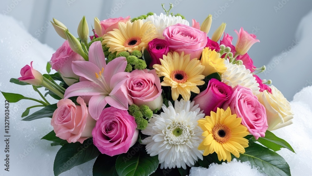 Bouquet consisting of Alstroemeria, Gerber, Rose, and Chrysanthemum flowers isolated on a white background. Bouquet consisting of Alstroemeria, Gerber, Rose, and Chrysanthemum flowers isolated on a white background.