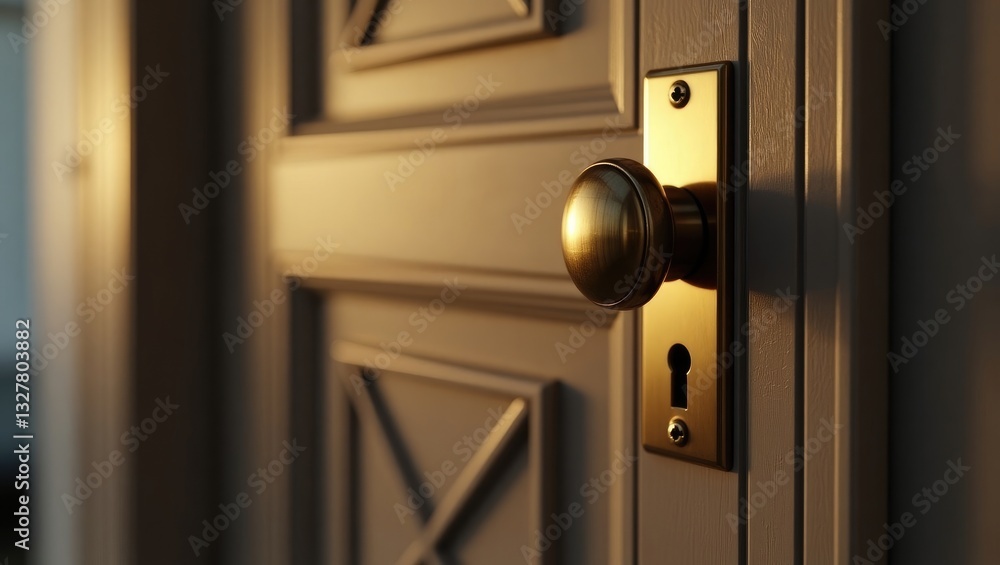 Fototapeta premium Stainless door knob or handle on a wooden door illuminated by beautiful lighting.