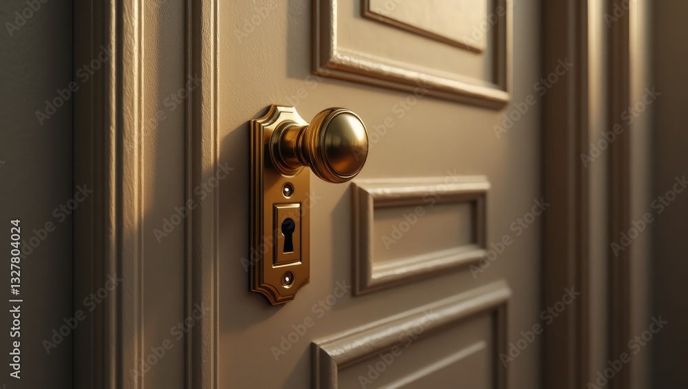 Obraz premium stainless door knob or handle on wooden door illuminated beautifully.