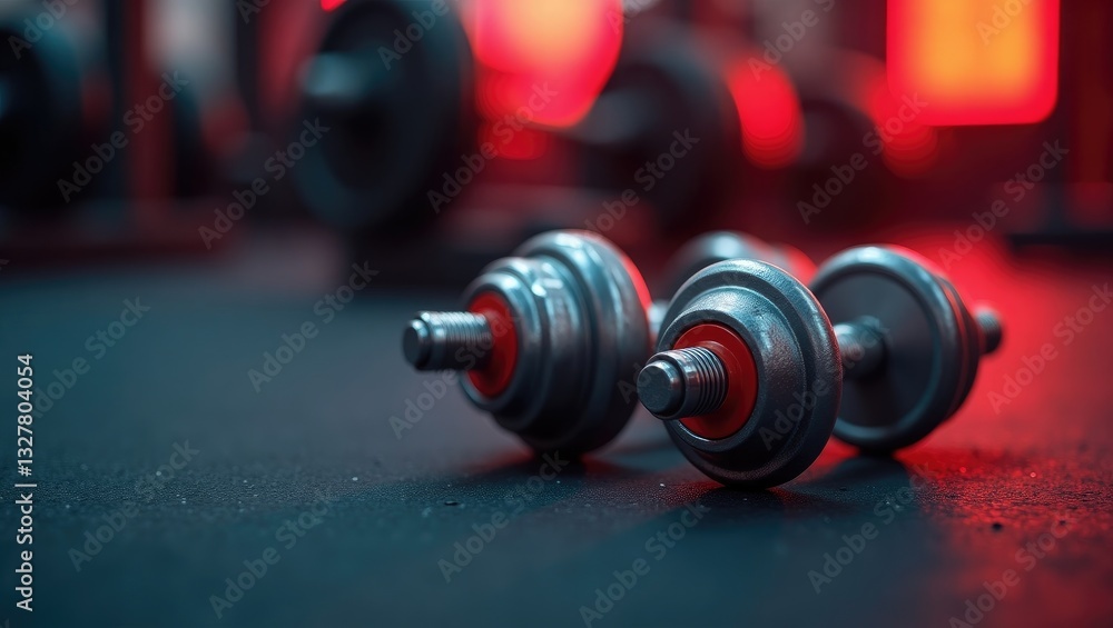 Sport equipment in gym. Dumbbells on the background floor, space for text. Sport equipment in gym. Dumbbells on the background floor, space for text.