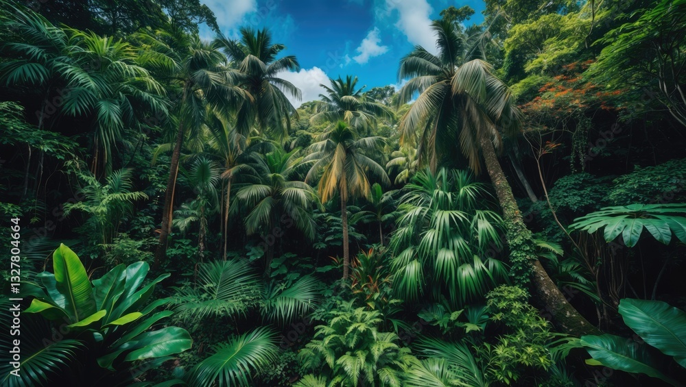 Panoramic stunning sight of a tropical rainforest featuring various unique palm tree types. Panoramic stunning sight of a tropical rainforest featuring various unique palm tree types.