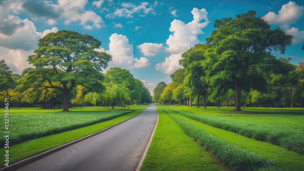 Fototapeta premium Pathway in a green park featuring trees and grassy fields.