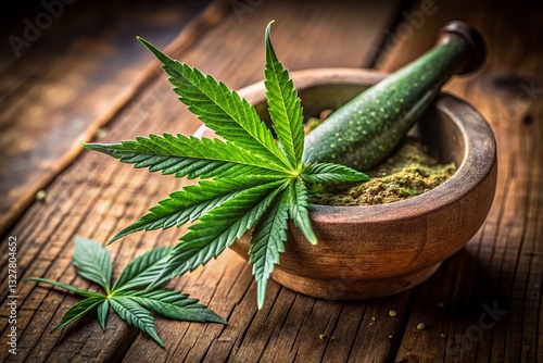 Green Cannabis Leaf Crushed with Mortar and Pestle: Medicinal Herb Preparation Stock Photo