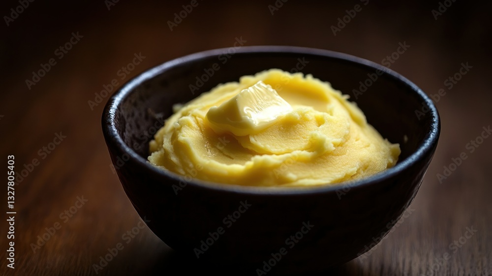 Creamy yellow mashed potatoes in a dark bowl topped with butter Creamy yellow mashed potatoes in a dark bowl topped with butter