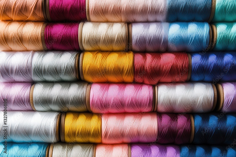 Assorted vibrant embroidery threads stacked neatly, showcasing a spectrum of bright, colorful hues for textile crafts. Assorted vibrant embroidery threads stacked neatly, showcasing a spectrum of bright, colorful hues for textile crafts.
