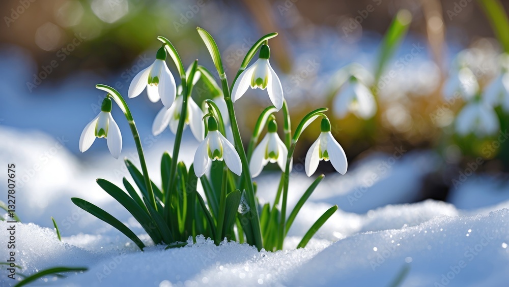Obraz premium Snowdrop flowers emerging through a blanket of snow. Initial blooms.