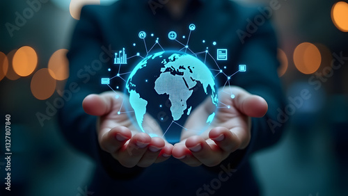A captivating scene of a person holding a holographic globe with icons for finance, trade, and technology. The illuminated globe symbolizes global interconnectedness and the importance of data.