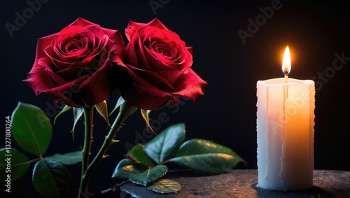 funeral and mourning theme - red roses and lit candle