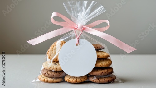 Small gift featuring cookies in a plastic bag secured with a bow using a pink ribbon and a circular white gift tag attached.