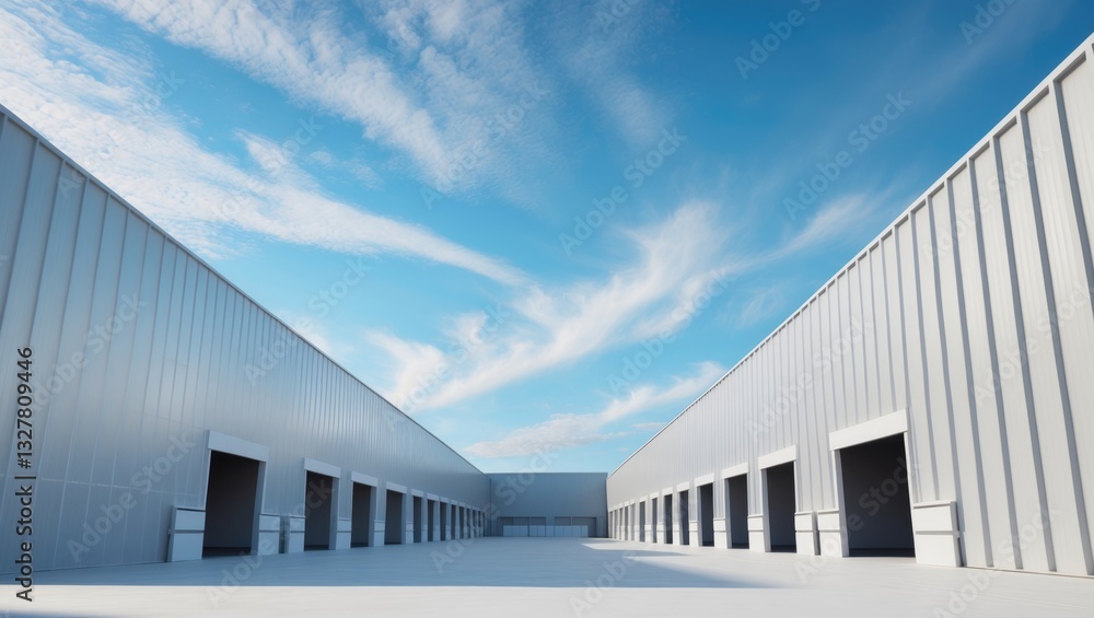 Fototapeta premium Factory Building in Minimalist Panoramic Setting with Grey and White Corrugated Metal Wall against Blue Sky, Geometric Industrial Warehouse Structure in Perspective and Panorama View
