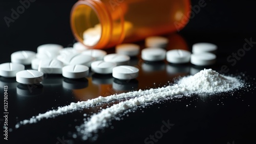 Scattered white tablets and powdered fentanyl on a reflective surface highlight the significant problems of addiction and drug misuse impacting individuals and communities.