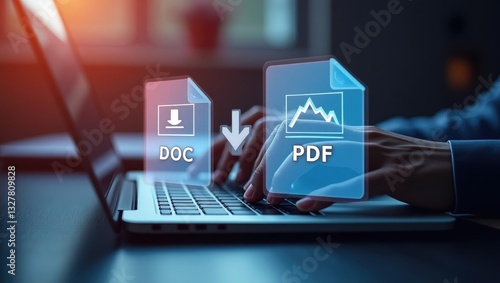 Users convert files with online programs. Individuals transform document files on a platform utilizing an internet connection at their desks. The concept of technology changes documents into variou...