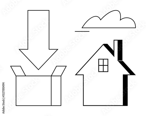 Open box with a downward arrow, stylized house with a window and chimney, and puffy cloud. Ideal for relocation, delivery, storage, homeownership, packing logistics and minimalism. Flat simple