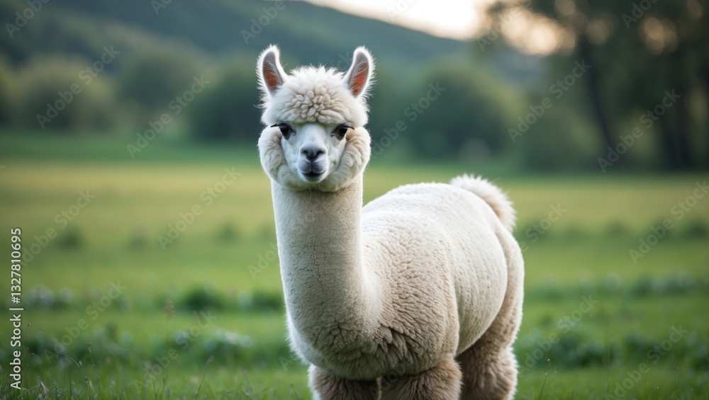 Fototapeta premium Funny white alpaca with a lot of wool is lounging in the meadow.