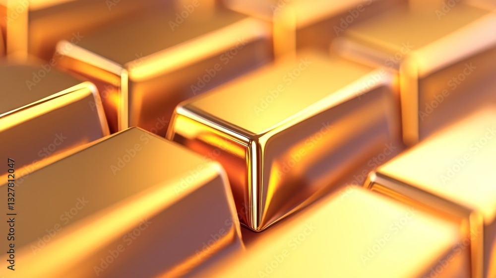 Close-up view of gleaming gold bars stacked together, reflecting light in a luxurious setting Close-up view of gleaming gold bars stacked together, reflecting light in a luxurious setting