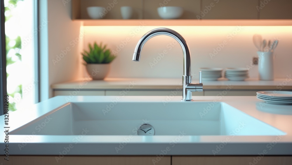 Stylish kitchen interior featuring a new ceramic sink and modern tap. Stylish kitchen interior featuring a new ceramic sink and modern tap.