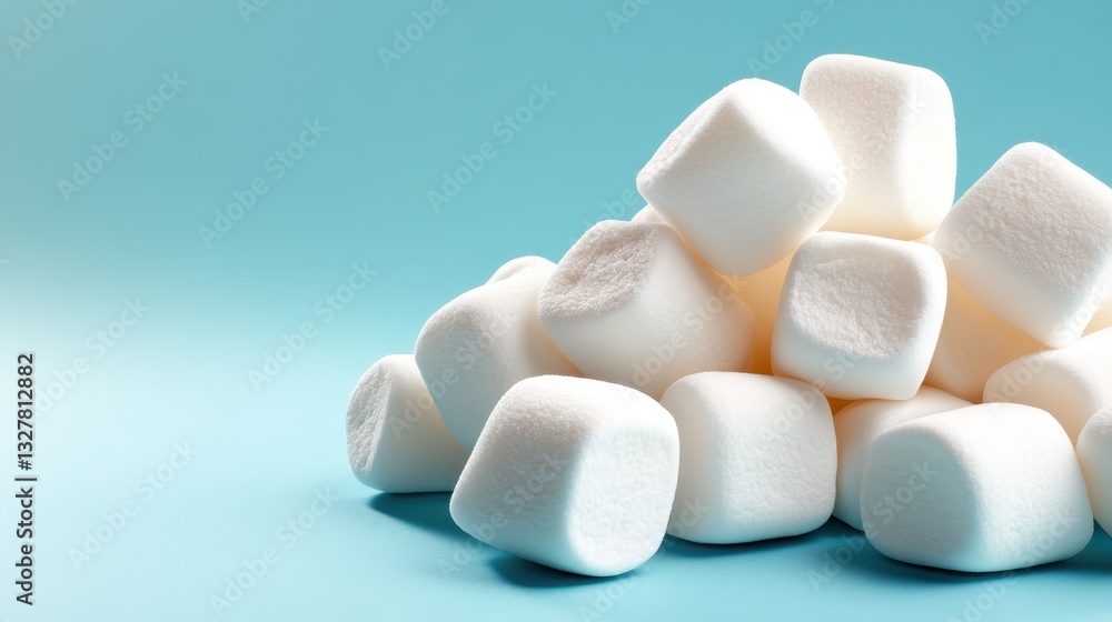 This image features a pile of fluffy, square marshmallows on a vibrant blue background, highlighting the softness and allure of this sweet treat in aesthetic detail. This image features a pile of fluffy, square marshmallows on a vibrant blue background, highlighting the softness and allure of this sweet treat in aesthetic detail.