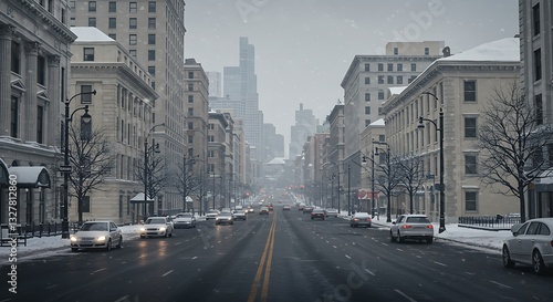 Cars navigate a snow-covered city street lined with elegant buildings under a muted winter sky The scene evokes a sense of quiet urban beauty