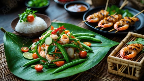 Spicy papaya salad featuring blue crab and grilled chicken served with sticky rice is a well-liked dish to enjoy together, popular food.