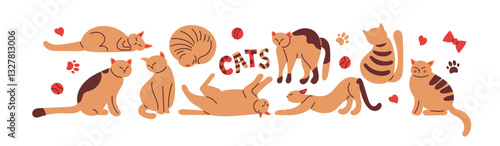 Cute Cats. Abstract cat icon set collection. Hand drawn characters in different action and movement set. Purebred pet animals isolated on white background. Kitten vector illustration in doodle style