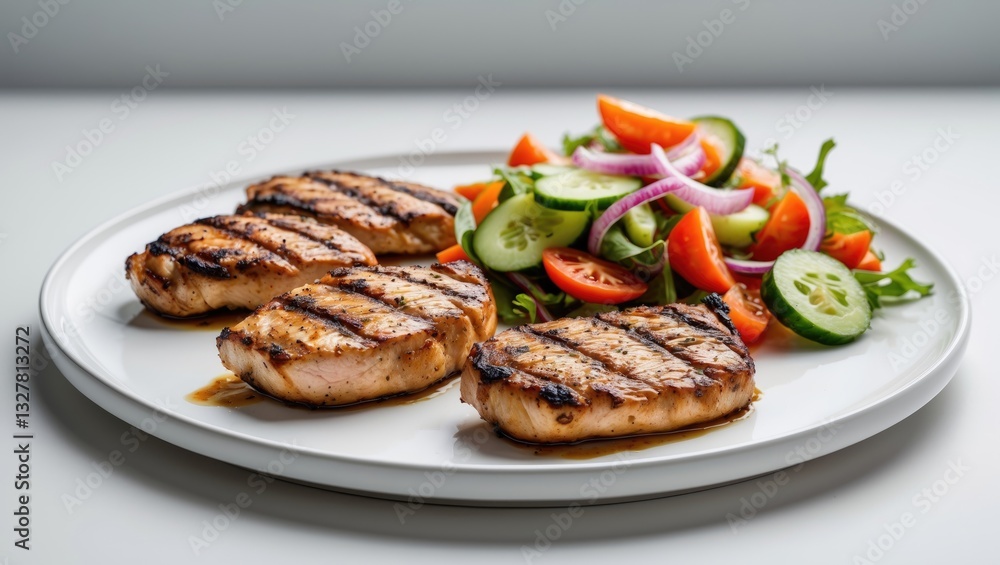 Grilled steaks with vegetable salad on a light background Grilled steaks with vegetable salad on a light background