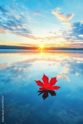 A vibrant red maple leaf floats on a tranquil lake against a stunning sunrise, reflecting a colorful sky with fluffy clouds.