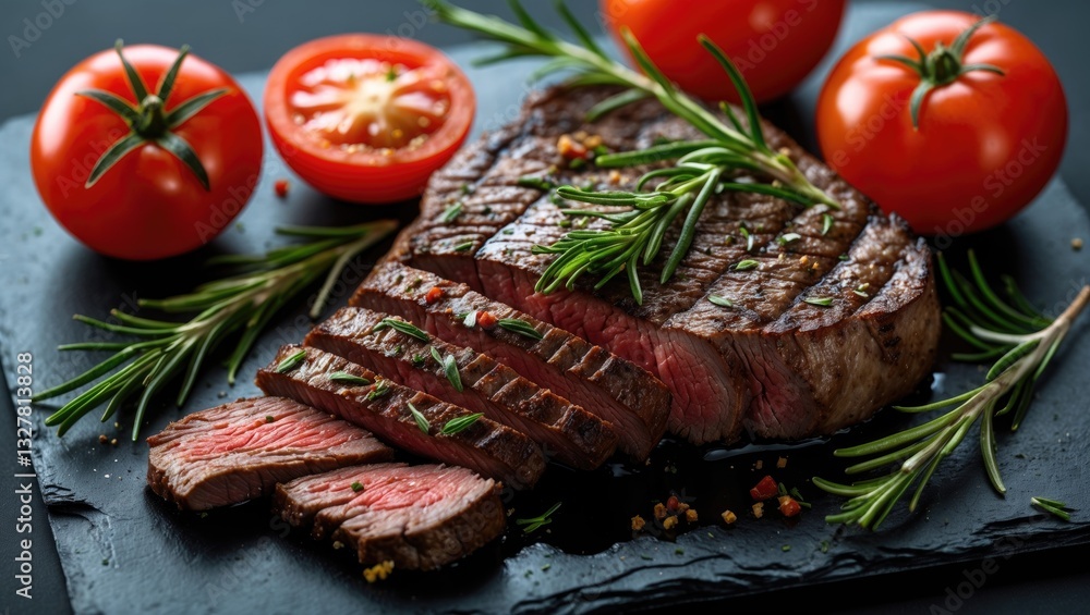 Sliced grilled beef steak accompanied by tomatoes, rosemary, and spices on a black background from a top view perspective. Sliced grilled beef steak accompanied by tomatoes, rosemary, and spices on a black background from a top view perspective.