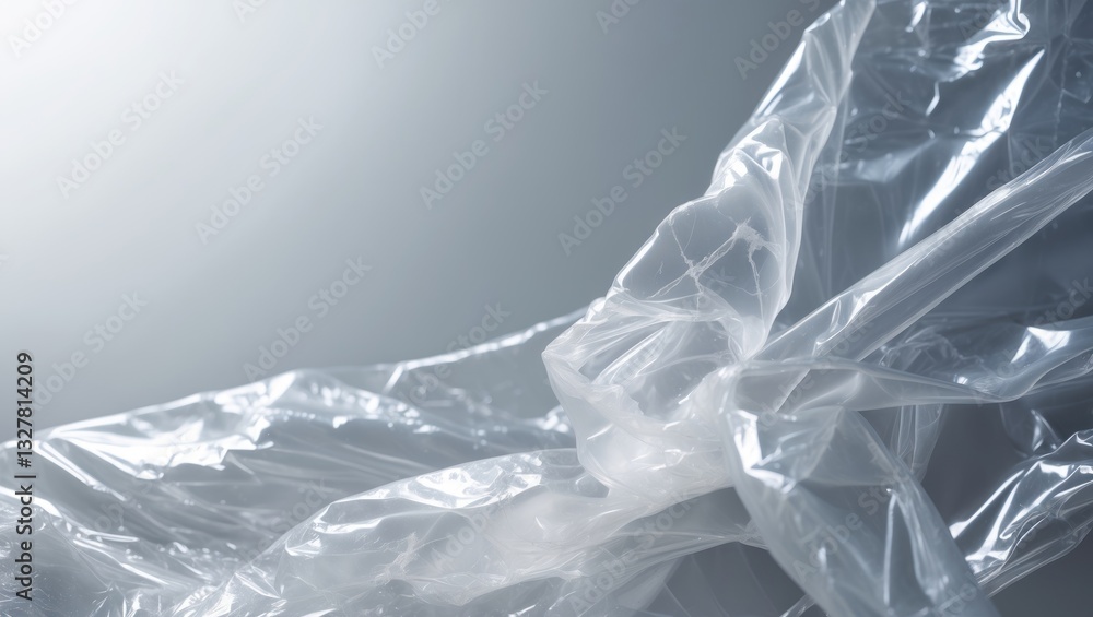 Obraz premium Close-up image of a transparent plastic bag against a white backdrop. The texture appears smooth and glossy. The wrinkled and worn plastic surface forms an abstract pattern.