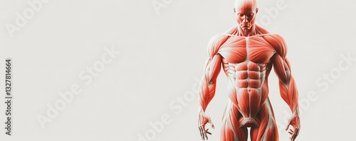 Detailed anatomical model of human musculature on a neutral background.