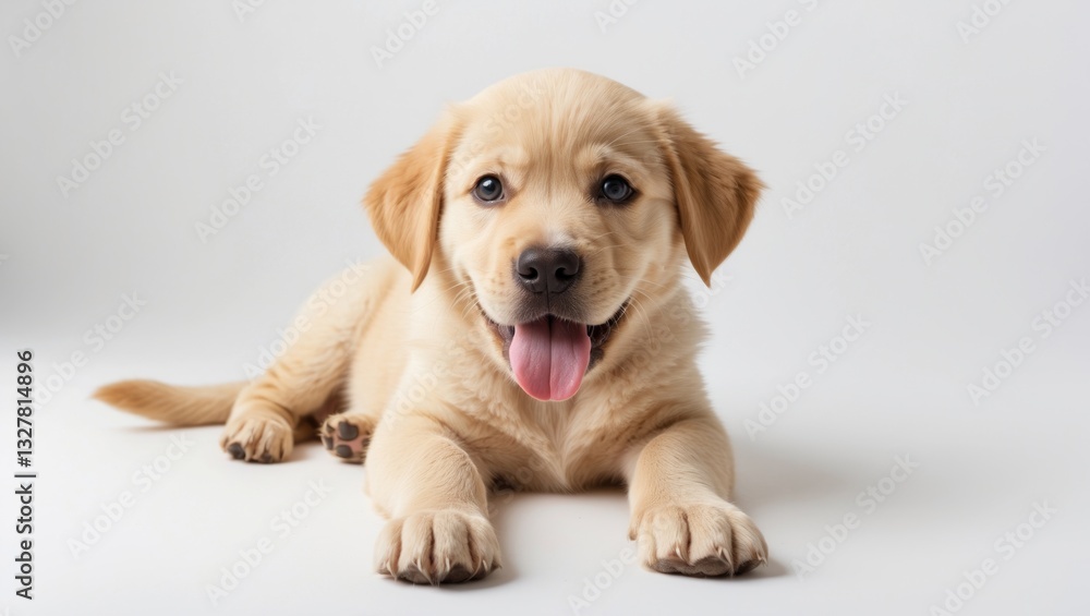 Handsome 3-month-old Labrador puppy lying down and facing forward with its tongue out. Looking towards the camera. Set against a white background. Handsome 3-month-old Labrador puppy lying down and facing forward with its tongue out. Looking towards the camera. Set against a white background.