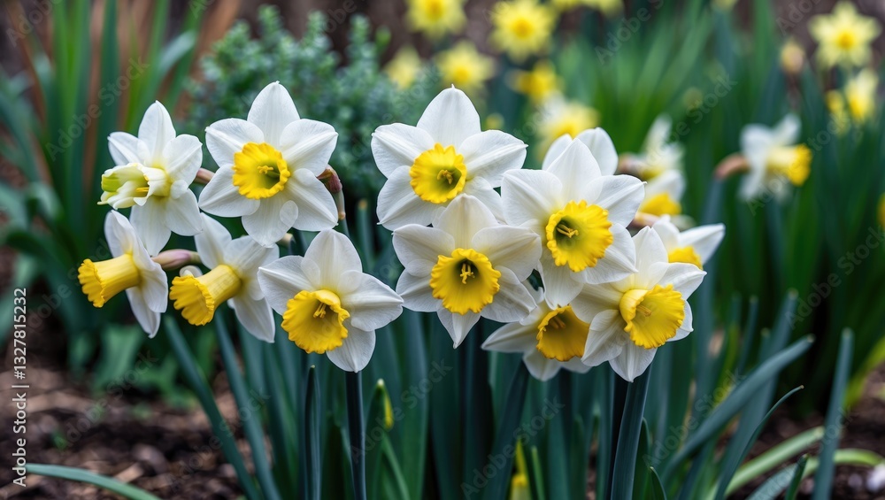 Narcissus flowering, close-up of white daffodil blooms, paperwhite decorative garden plant in spring. Narcissus flowering, close-up of white daffodil blooms, paperwhite decorative garden plant in spring.