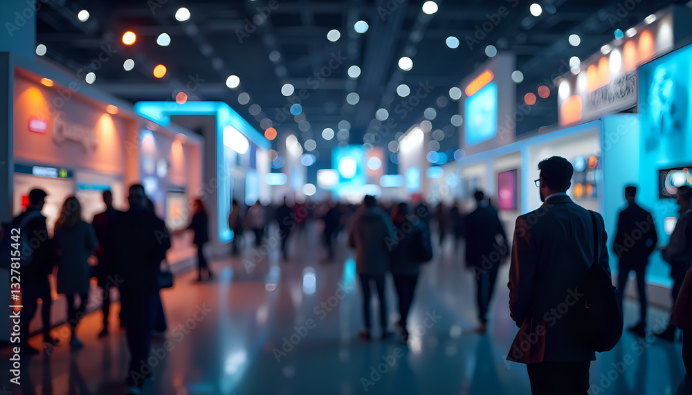 Fototapeta premium a man walking through a convention hall.