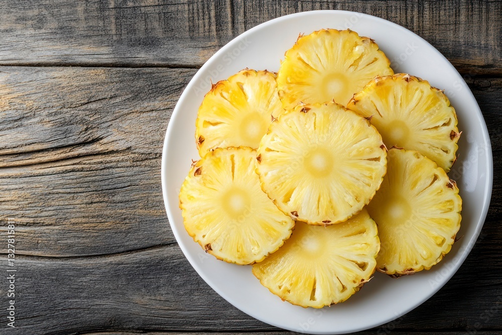 Fresh Pineapple Slices on a Plate, Ready to Eat Healthy Snack Fresh Pineapple Slices on a Plate, Ready to Eat Healthy Snack