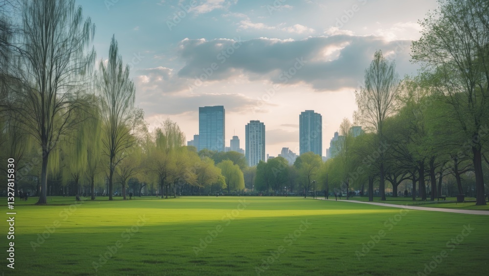 Spring park and contemporary city Spring park and contemporary city