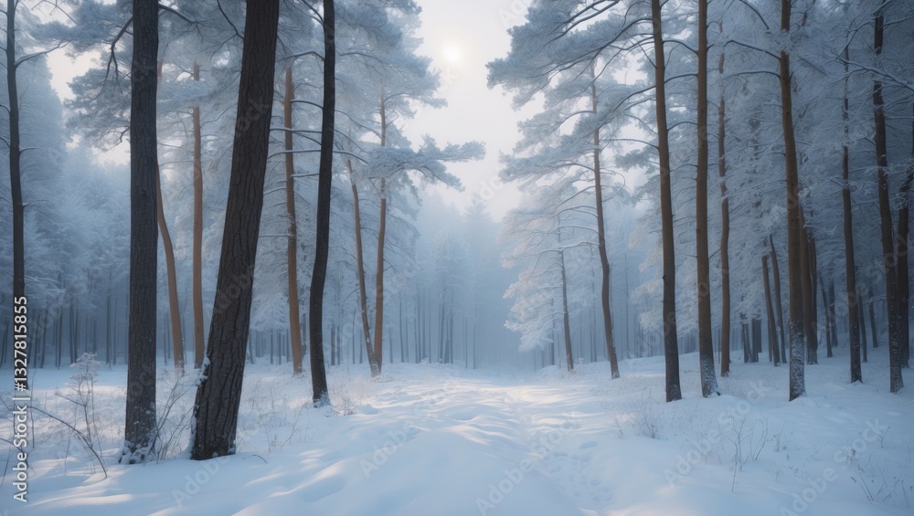 Fototapeta premium Snow-covered pine forest edge adjacent to a small village