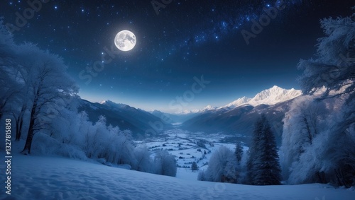 Snowy winter night. Breathtaking nighttime scenery. Starry sky above mountains and valley.