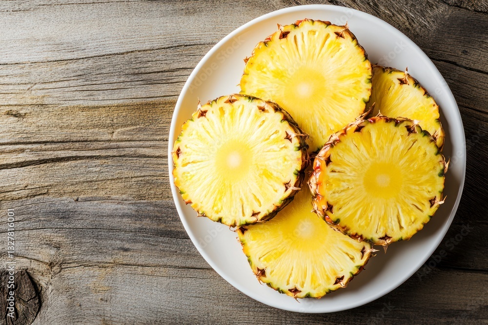 Fresh Pineapple Slices on a Plate on Wooden Surface Top View Fresh Pineapple Slices on a Plate on Wooden Surface Top View