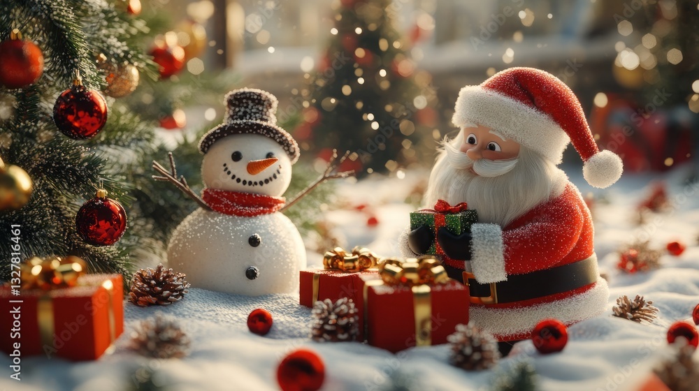 Santa Claus and Snowman Celebrate Christmas in Festive Scene Santa Claus and Snowman Celebrate Christmas in Festive Scene