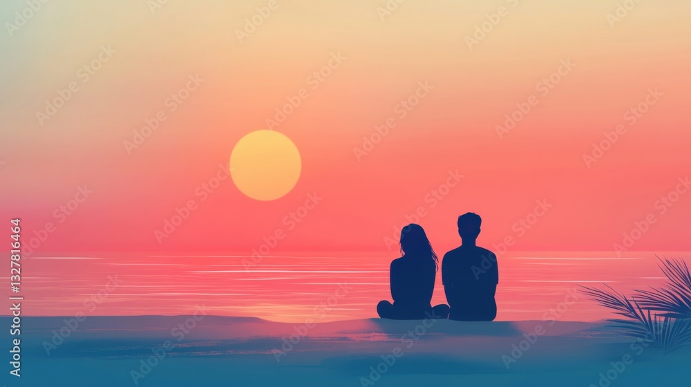 Faceless couple enjoying a sunset together on the beach with a soft gradient sky Faceless couple enjoying a sunset together on the beach with a soft gradient sky