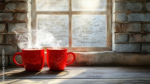 Two red mugs of warm beverage sit by a window