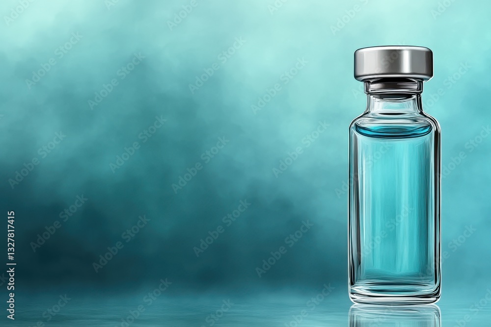 Clear glass vial with blue liquid on gradient teal background in soft focus Clear glass vial with blue liquid on gradient teal background in soft focus