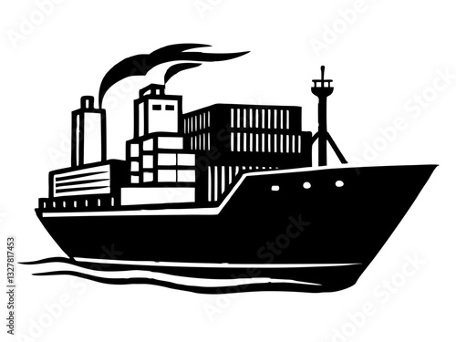 cargo ship black silhouette vector, Simple silhouette Design vector icon with white background. Water transportation vector illustration 