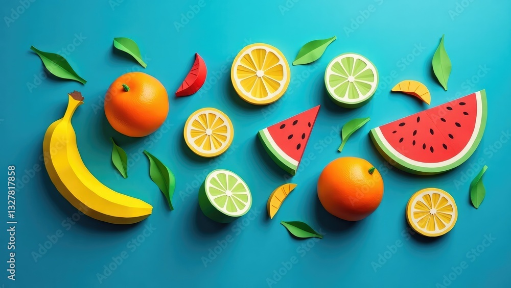 Naklejka premium Exotic paper fruits on a colored background