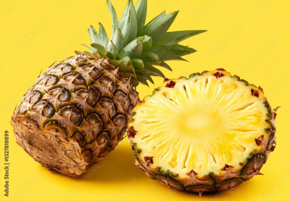 Ripe Pineapple and Half on Yellow Background Fresh Tropical Fruit Ripe Pineapple and Half on Yellow Background Fresh Tropical Fruit