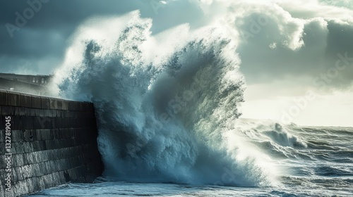 Fototapeta Naklejka Na Ścianę i Meble -  A massive ocean wave breaking against a stone harbor wall