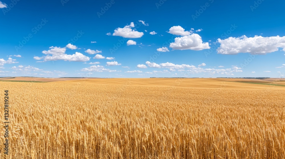 Golden wheat field under a bright blue sky with fluffy clouds, symbolizing harvest abundance Golden wheat field under a bright blue sky with fluffy clouds, symbolizing harvest abundance