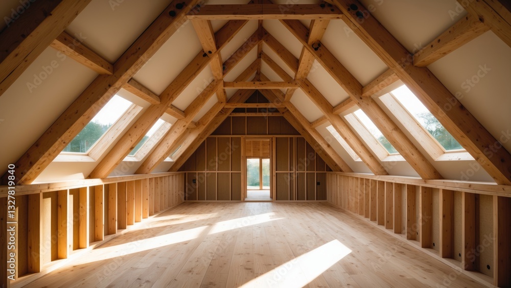 New residential building under construction features an incomplete wooden structure with a wooden truss and post beam framework. New residential building under construction features an incomplete wooden structure with a wooden truss and post beam framework.