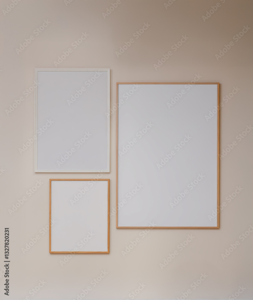 Three Blank Wooden-Framed Posters on a Minimalistic Beige Wall Three Blank Wooden-Framed Posters on a Minimalistic Beige Wall