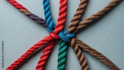 United team concept and idea of unity as a metaphor for business success through partnership, represented by diverse ropes interconnected as a symbol of cooperation and collaborative work.