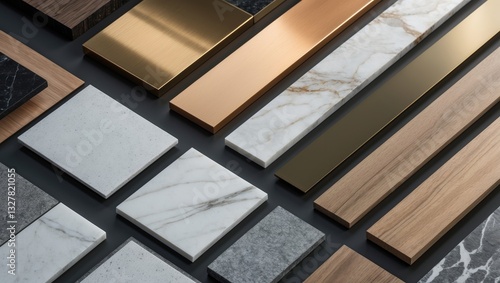 Group of interior material samples featuring brushed gold stainless, bronze laminated, stone tile, wooden flooring tile, white marble quartz, and veneer arranged on a black stone table from a top p...